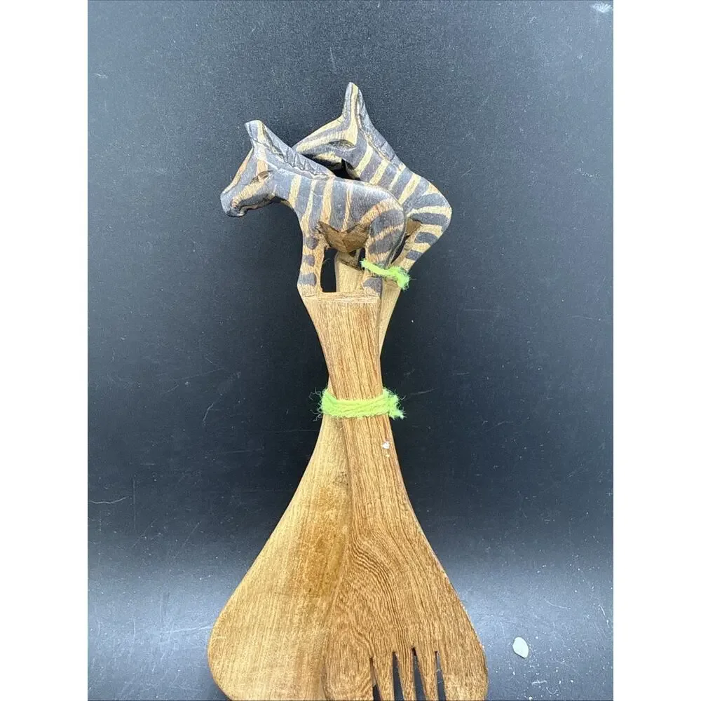Vintage Hand Carved Zebra Wood Salad Serving Spoon Fork Set Safari Teak Decor